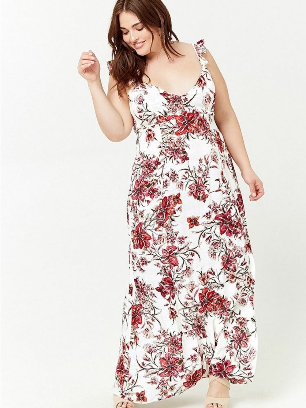 Forever 21+ Floral Maxi Dress 0X White Burgundy Sweetheart Flutter Sleeve